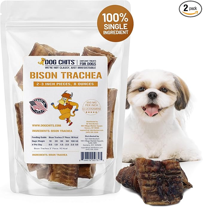 Dog Chits Bison Trachea Dog Treats - 100% Single Ingredient, High Protein, Lower Fat - Glucosamine for Joint Support - Dental-Clean Crunch - Gentler on Digestion Than Beef - 2-3 inch, 8 oz