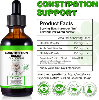 Cat Constipation Relief - Natural Laxative with 6 Probiotics Stool Softener, Digestive Support for Hairball Relief & Bowel Movement, Promotes Digestive Health, 2 fl oz (2 PCS)