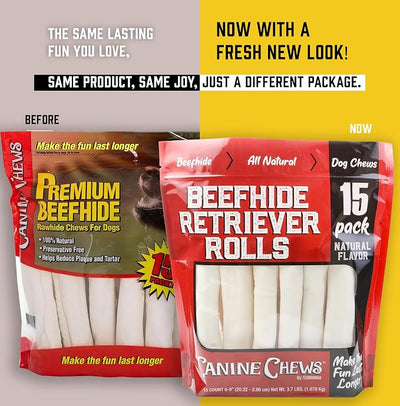Canine Chews 8-9" Retriever Rolls for Large Dogs - Pack of 15 All-Natural Beef Hide Dog Chews for Aggressive Chewers - 3.7 lb.