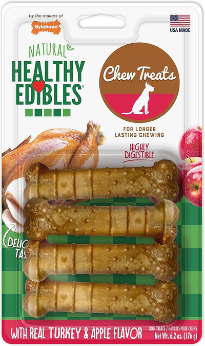 Nylabone Healthy Edibles Natural Dog Chews, Long Lasting Bones for Dogs, Turkey & Apple Flavor Dog Treats, Small (4 Count)