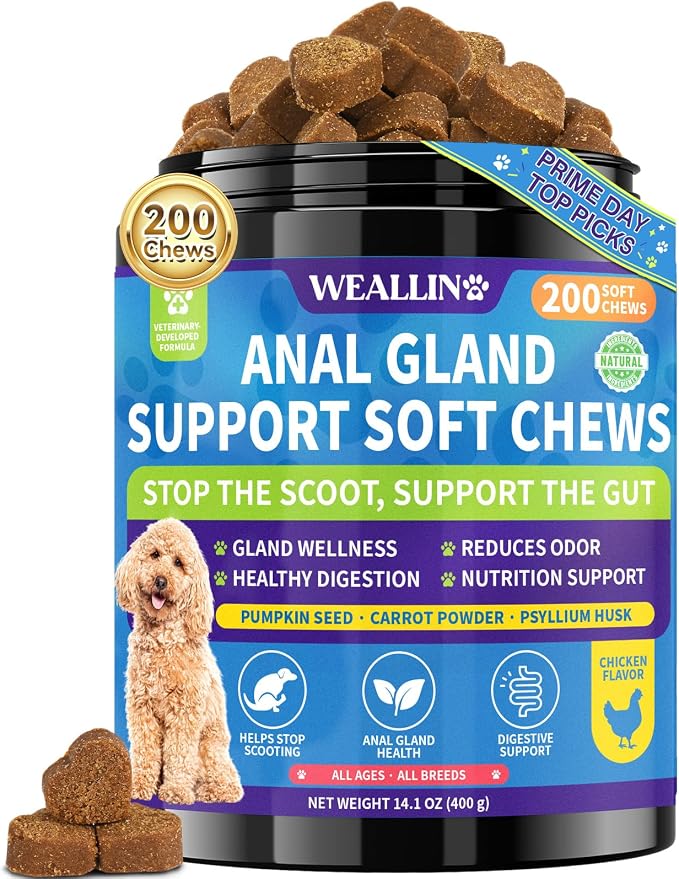 Anal Gland Chews for Dogs - No Scoot for Dogs with Pumpkin, Inulin & Probiotics for Dogs Digestive, Supports Anal Gland Healthy & Bowel Function Fiber Supplement for Dog Chicken Flavor 200 Soft Chews