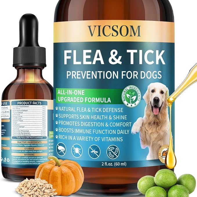 Natural Flea and Tick Prevention for Dogs, Oral Herbal Dog Flea and Tick Treatment Drops with Pumpkin Seed & Black Walnut for Dogs, Skin & Coat Care - Digestive & Immune for All Breeds and Ages, 60ml