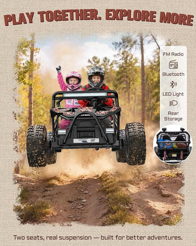 First Ride On 36V Kids Ride On UTV, 2-Seater 400W Electric Car for Kids 6+, 5-8 MPH Speed, 14" EVA Wheels, Metal Frame, Bluetooth Music, Rear Metal Suspension Off-Road Vehicle (Black Camo)