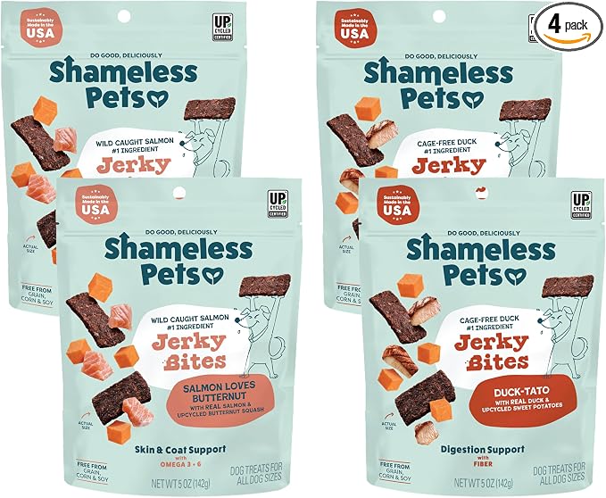 Shameless Pets Jerky Dog Treats, Variety 4-Pack – Healthy Chews with Salmon & Duck – Natural Dog Treats with Real Ingredients – Grain, Corn & Soy Free