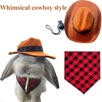 Cute Rabbit Cowboys Hat and Scarf Set, Funny Rabbits Pet Cowboy's Hat Scarf Outfits, Rabbits Dog Cat Pets Halloween Costume Hats Clothes Bunny Stuff Gifts Bunny Accessories (Coffee-Red Checkered)