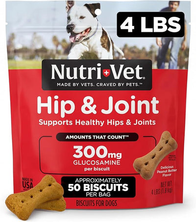 Nutri-Vet Hip and Joint Biscuits for Dogs, Large Breed Mobility Supplement, 300mg Glucosamine per Dog Treat, Supports Cartilage Flexibility and Connective Tissue, Crunchy Peanut Butter Flavor, 4lb Bag