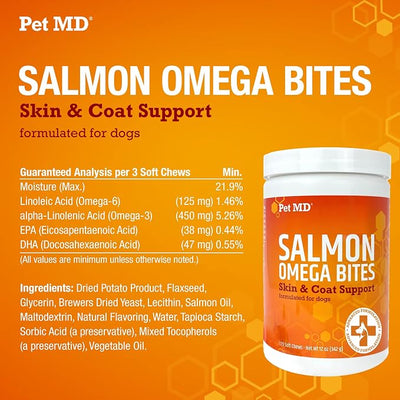 Pet MD Salmon Oil Chews for Dogs - Dog Skin and Coat Supplement - 120ct | Omega 3 & 6 for Pets with DHA & EPA - Promotes Allergy & Dry Skin Relief