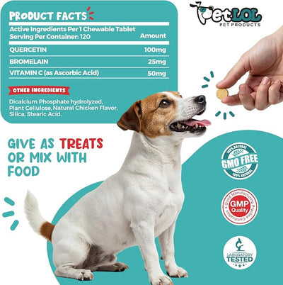 Quercetin for Dogs with Bromelain & Vitamin C – Dog Allergy Relief Chews for Itchy Skin, Seasonal Allergies & Immune Support – Anti Itch Supplement – 120 Chewable Tablets – Made in USA
