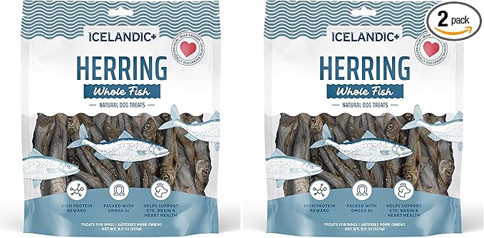 Icelandic+ Whole Fish Herring - 9oz Bag - Dog Treats,Pure Wild-Caught & Air-Dried,Ingredient Snack,Pet Chew,Just The Fish Nothing Else,(Pack of 2)
