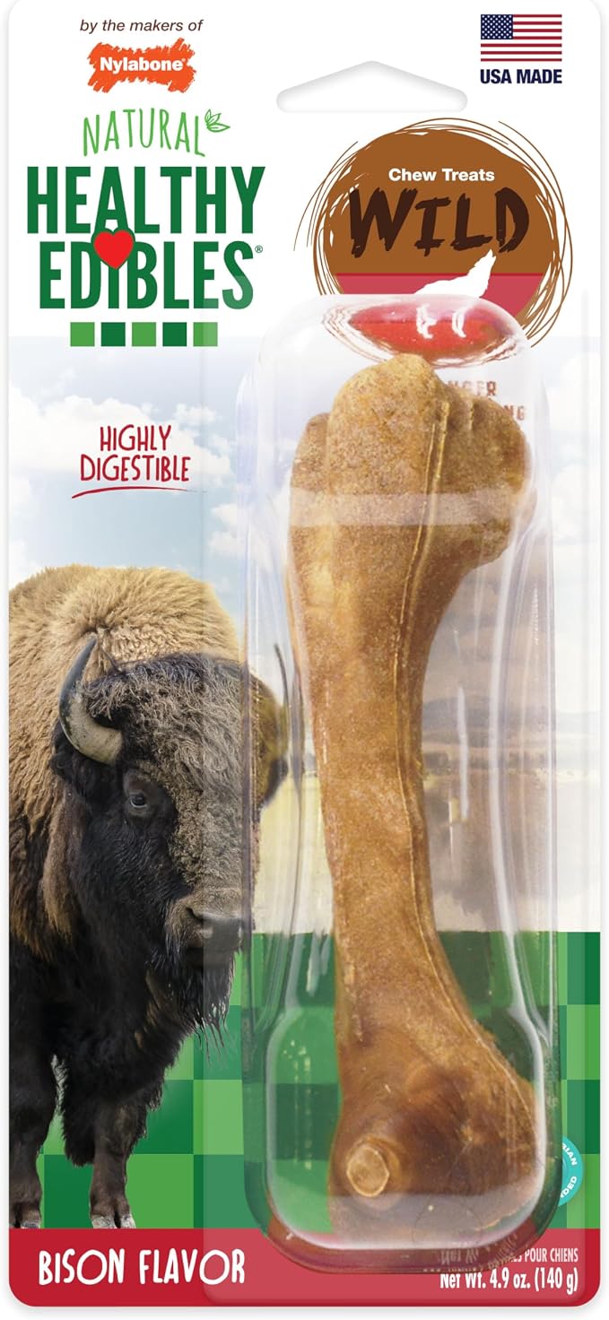 Nylabone Healthy Edibles WILD Natural Dog Chew Treats for Large Dogs, Long Lasting Dog Chew Bones Made in USA, Bison Flavor, For Dogs Up to 50 lbs. (1 Count)
