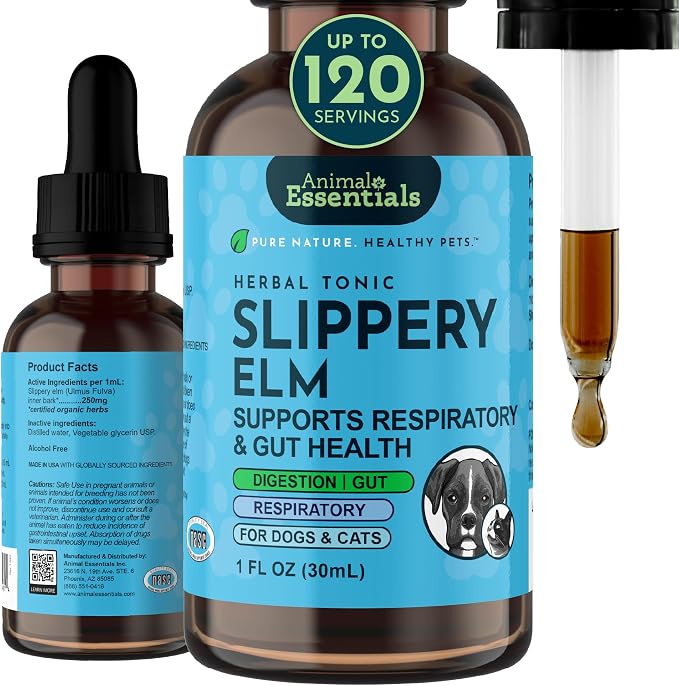 Animal Essentials Slippery Elm - Slippery Elm Bark Anti Diarrhea Drops for Dogs and Cats, Organic Herbal Extract for Healthy Gut, Digestive & Throat Support, Helps Acid Reflux, Liquid Formula- 1 fl oz