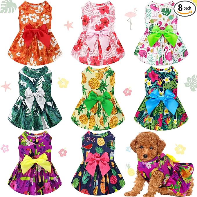 LEIFIDE 8 Pcs Summer Themed Hawaii Dog Dresses Holiday Flamingo Fruit Floral Pattern Pet Skirts Hawaii Puppy Princess Dresses Outfits Bowknot for Girl Dogs Cats Beach(XS)