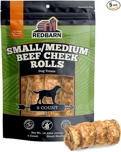 Redbarn Pet Products All-Natural Small/Medium Beef Cheek Rolls for Dogs, Chicken & Carrot Glazed - Single Ingredient Grain-Free Chew Treat Naturally Rich in Collagen - 5 Pack - Packaging May Vary