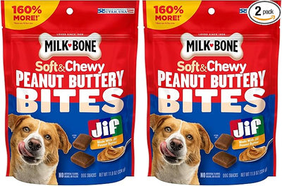 Milk-Bone Peanut Buttery Bites Soft Dog Treats with Jif Peanut Butter,11.8-Oz. Bag,(Pack of 2)