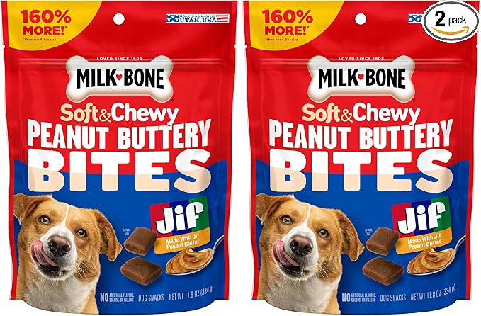 Milk-Bone Peanut Buttery Bites Soft Dog Treats with Jif Peanut Butter,11.8-Oz. Bag,(Pack of 2)