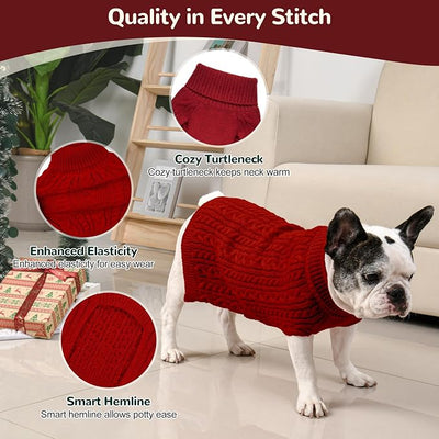 Dog Sweater 2 Pack for Medium Dogs, Size M, Red & Green | Stretchy cable knit turtleneck, machine washable, high belly cut, comfy winter fit for French Bulldog, Pug