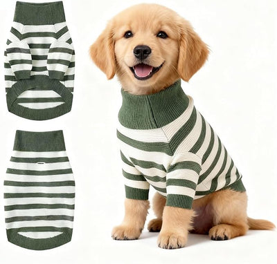 Small Dog Sweater, Knitted Striped Pullover Dog Clothes, Indoor Cozy Stretchy Pajamas for Chihuahua, Bulldog, Dachshund, Pug(Green&White Strip, XXL)