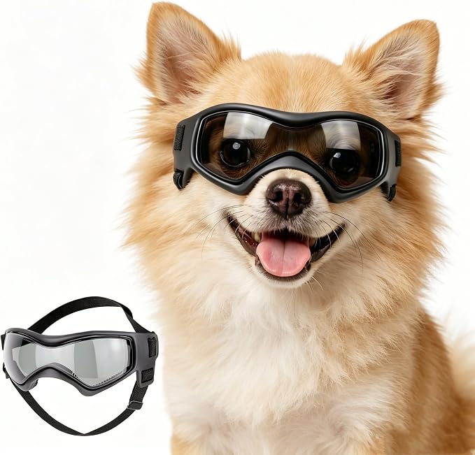 Enjoying Dog Sunglasses Extra-Small to Small Breeds, Dog Goggles UV Protection, Driving Eye Protection for Little Dogs, Breathable Windproof Dustproof Anti-Fog, Adjustable Straps, Cool Black