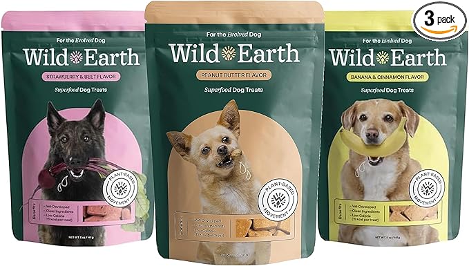 Wild Earth Superfood Dog Treats, Plant Based Dog Treats with Omega Acids, Prebiotics & Koji Protein, No Fillers, Veterinarian-Developed, Variety (Pack of 3) Flavors