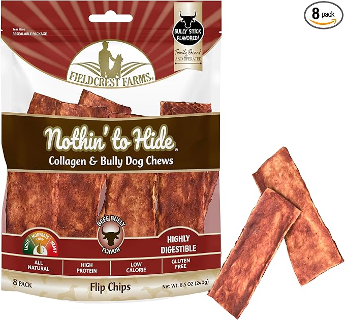 Fieldcrest Farms Nothin to Hide Flip Chips Dog Chews - Natural Rawhide Alternative Treats for Dogs, Collagen Based Snack for Moderate Chewers Up to 35lbs, Beef Bully Flavor -1 Pack (8 Chips)