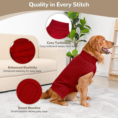 Dog Sweater 2 Pack for Large Dogs, Size XXL, Red & Brown | Stretchy cable knit turtleneck, machine washable, high belly cut, comfy winter fit for Golden Retriever, Labrador