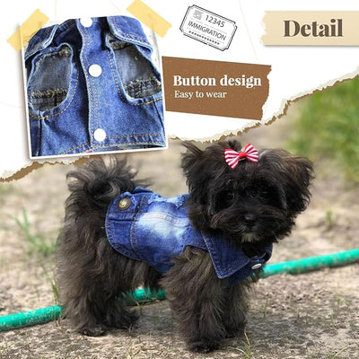 Cool Dog Jean Jacket Small Puppy Outfits Frenchie Clothes Denim Coats for Small Medium Dogs Cats Boys Girls Pet Vest Dog Shirt Clothing Doggy Costume (Blue, XS（Suggest 2-4 lbs）)