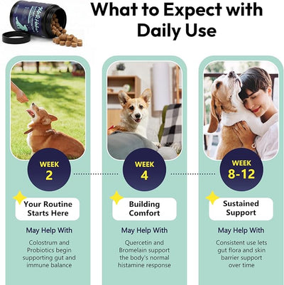 Mo & Haku Dog Allergy Relief Chews - 180 Soft Chews Immune Itch Support for Dogs Itchy Skin, Ears, Paw Licking, Seasonal Allergies - with Prebiotics & Probiotics, Colostrum & Salmon Oil