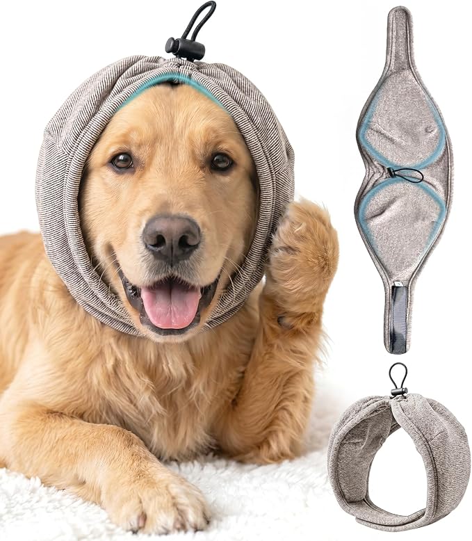 Swooflia Dog Ear Muffs Cover - Dog Cat Ears Muffs for Bath Noise Protection Calming Cold Weather Anxiety Relief, Khaki Large Adjustable Top for Grooming Bathing Fireworks and Travel L