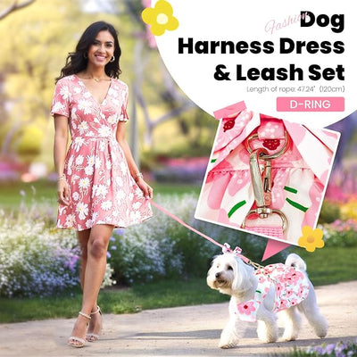 ABRRLO Cute Dog Dress Small Dog Clothes for Girls Female Puppy Outfits Pink Floral Pet Summer Clothes Bowknot Doggy Cat Princess Dress Harness Set for Holiday Birthday Party Costume Clothing (Pink,S)