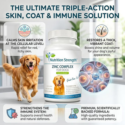 Zinc for Dogs to Support Healthy Skin & Coat, Promote Normal Growth, Balanced Immune Function & Cellular Metabolism, with Biotin, Folate, Selenium & Vitamin E, 120 Chewable Tablets