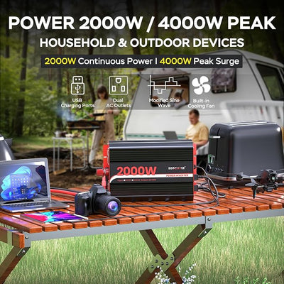 2000W Power Inverter 12V DC to 110V/120V AC Converter, Peak Power 4000W Car Inverter with LCD Display, 2 AC Outlets, 3.1A USB Port for Vehicles, Camping, Travel, Emergency Use