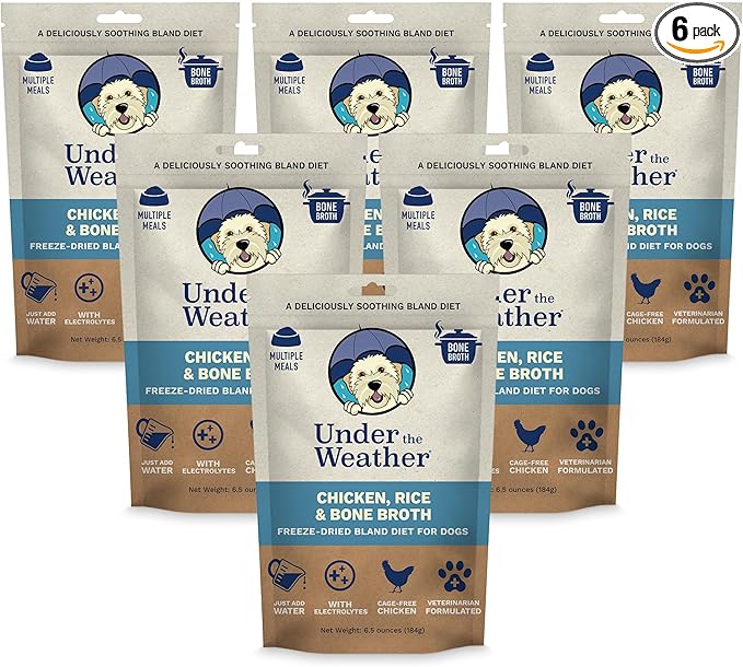 Under the Weather Easy to Digest Bland Diet for Sick Dogs - Always Be Ready - Contains Electrolytes - Gluten Free, All Natural, Freeze Dried 100% Human Grade Meats - 6 Pack Chicken, Rice & Bone Broth