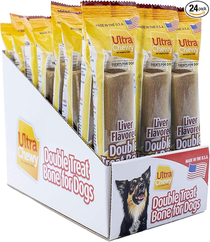 Ultra Chewy Liver, Double Treat Bones: Long-Lasting Dog Treats Made in USA for Large and Small Breeds, Highly Digestible, Ideal for Aggressive Chewers (24 Individually Packed Bones)