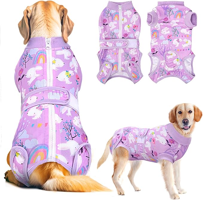 Lukovee Recovery Suit for Dogs, Zipper On Dog Surgery Suit for Female Male Dog, Onesies Bodysuit Prevent Licking Spay Abdominal Wounds Bandages E-Collar Alternative (Purple, L)