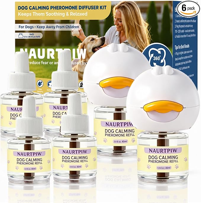Dog Calming Diffuser 6 Pack (2 Plug in + 4 Refills), 120 Days Supply, Dog Pheromone Diffuser for Anxiety Relief, Destructive Behavior, Pee Accidents, Separation Anxiety, Aggression, Barking & Chewing
