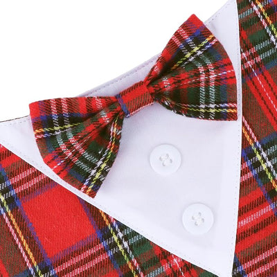 ADOGGYGO Christmas Dog Tuxedo Bandana, Red Plaid Pet Chritstmas Collar with Bowtie, Adjustable Christmas Costume for Large Dogs Pets (L)
