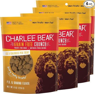 Charlee Bear Crunchy Dog Training Treats, Low Calorie (3 Kcal), Grain Free Natural Mini Dog Treats for Puppies, Small, Medium & Large Dogs, USA Made, Healthy Peanut Butter-Banana Flavor 8oz (4-Pack)