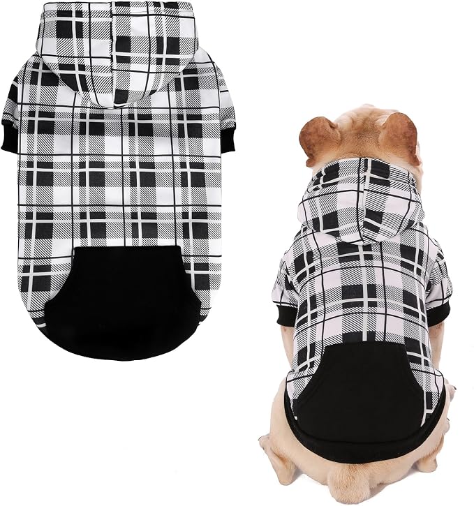 EXPAWLORER Plaid Dog Hoodie - British Style Warm Dog Sweater Shirt with Leash Hole,Pitbull Clothes Outfits,Winter Coat Apparel for All Breeds Puppy Girl Boy-Cat Apparel,Black & White X-Small