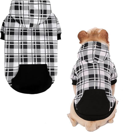 EXPAWLORER Plaid Dog Hoodie - British Style Warm Dog Sweater Shirt with Leash Hole,Pitbull Clothes Outfits,Winter Coat Apparel for All Breeds Puppy Girl Boy-Cat Apparel,Black & White Small