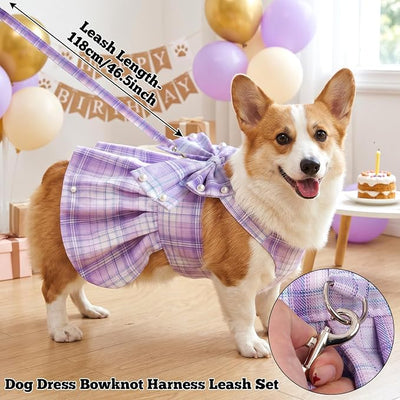 Dog Plaid Dress Harness and Leash Set with Pearls Bow Adjustable Puppy Dress Mesh Vest Bow Knot Pet Clothes for Cute Small Girl Dog Cat (Purple&White, XX-Large)