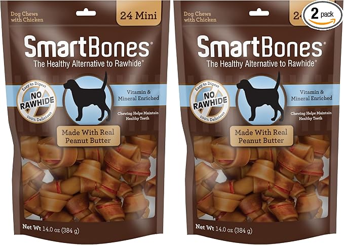 SmartBones Mini Chews with Real Peanut Butter 24 Count, Rawhide-Free Chews for Dogs (Packaging May Vary) (Pack of 2)