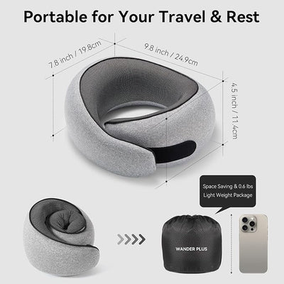 WANDER+ Plus® Travel Pillow, 100% Pure Memory Foam Travel Neck Pillow Airplane Neck Support Ergonomic Design Best for Sleeping Plane Car Train Office Flight for Adults Purple
