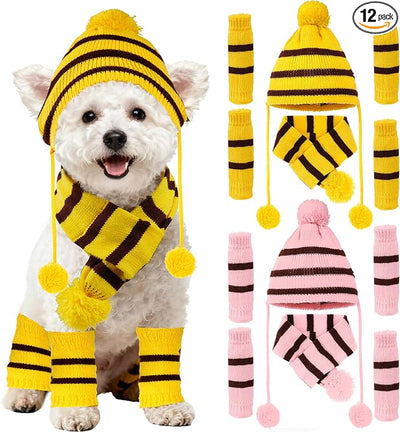 cnomg Winter Dog Hat Warm Knitted Pet Hat with Ear Holes 12Pcs Dog Hat Scarf Set with Leg Warmers for Dog Between 15-20 lbs