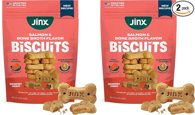 Jinx Oven-Baked Salmon Bone Broth Biscuit Dog Treats - Crunchy, All Natural, Superfood-Rich with High-Protein Salmon, Dog Biscuits for Puppies, Adults & Seniors - 16oz (Pack of 2)