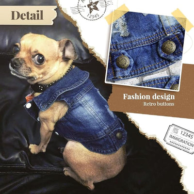 Cool Dog Jean Jacket Small Puppy Outfits Frenchie Clothes Denim Coats for Small Medium Dogs Cats Boys Girls Pet Vest Dog Shirt Clothing Doggy Costume (Blue, M（Suggest 6-9 lbs）)