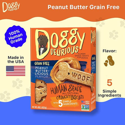 Doggy Delirious Crunchy Dog Treats – All Breeds & Sizes – Natural Puppy Snack – 100% Human-Grade – Grain-Free Peanut Butter Bones – 16 Oz, 1 lb Pack (1)