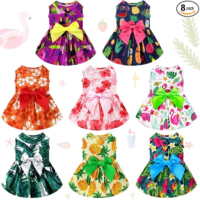 LEIFIDE 8 Pcs Summer Themed Hawaii Dog Dresses Holiday Flamingo Fruit Floral Pattern Pet Skirts Hawaii Puppy Princess Dresses Outfits Bowknot for Girl Dogs Cats Beach(Large)