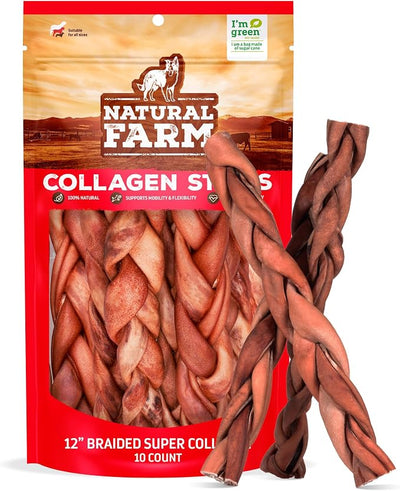 Natural Farm Odor-Free Super Braided Collagen Dog Chews (12-Inch, 10-Pack) First Ever Real Bull Sticks Alternative: 100% Natural Angus Hide Collagen Treats - More Protein More Chew Time for All Dogs