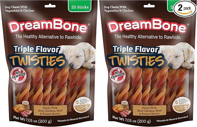 DreamBone Triple Flavor Twisties Chews for Dogs, 25 Count, Treat Your Dog to Rawhide-Free Chews Made with Real Chicken, Beef and Peanut Butter (Pack of 2)