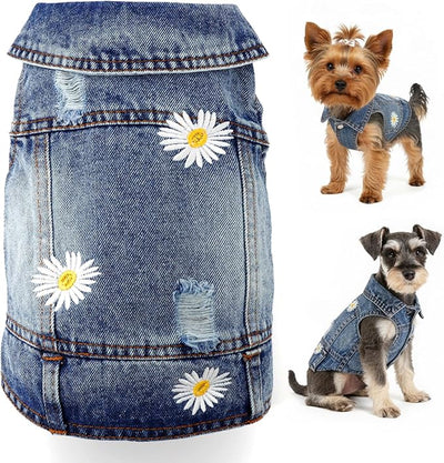 Dog Denim Jacket with Embroidered Daisy, Ripped Vintage Jean Vest for Small Dogs, Pugs, Chihuahuas, Spring Summer Fall Festival Outfit, XXL (Fits Chest 19-20.5", NOT for Large Dogs)